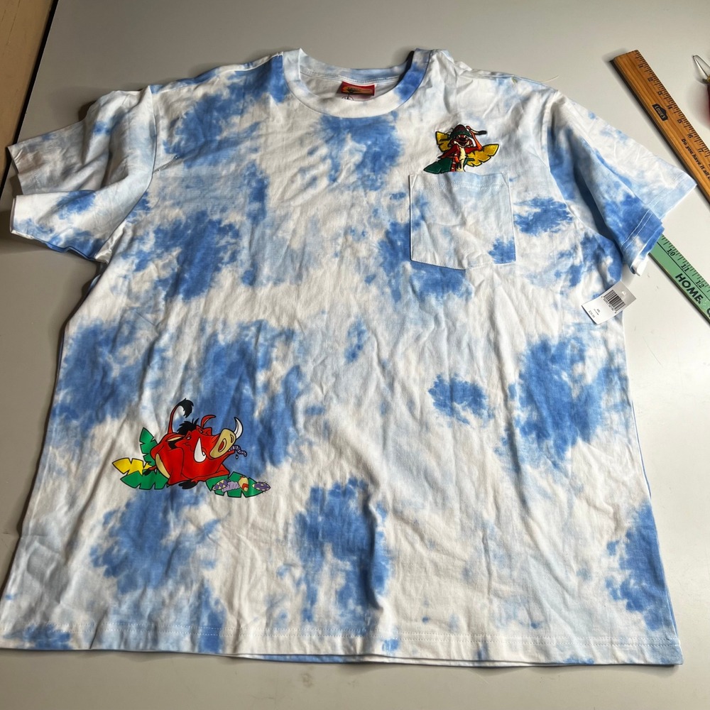 Disney Lion King Tie Dye T-Shirt XXL Timon Pumbaa Blue White Pocket Tee NWT